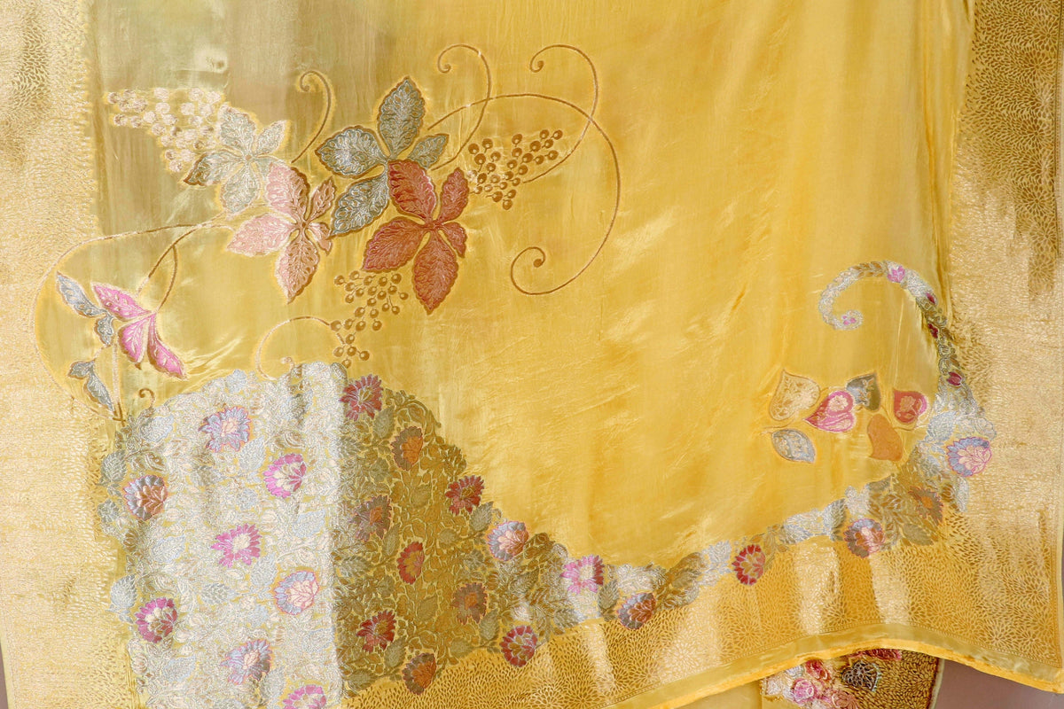 Butter Yellow Satin Silk Saree with Banarasi Woven Multicolour Floral Pallu | 1002