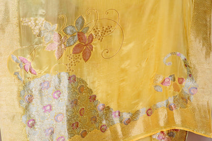 Butter Yellow Satin Silk Saree with Banarasi Woven Multicolour Floral Pallu | 1002