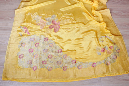 Butter Yellow Satin Silk Saree with Banarasi Woven Multicolour Floral Pallu | 1002