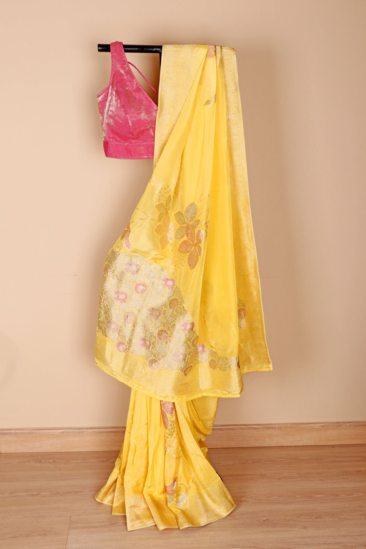 Butter Yellow Satin Silk Saree with Banarasi Woven Multicolour Floral Pallu | 1002