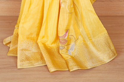 Butter Yellow Satin Silk Saree with Banarasi Woven Multicolour Floral Pallu | 1002