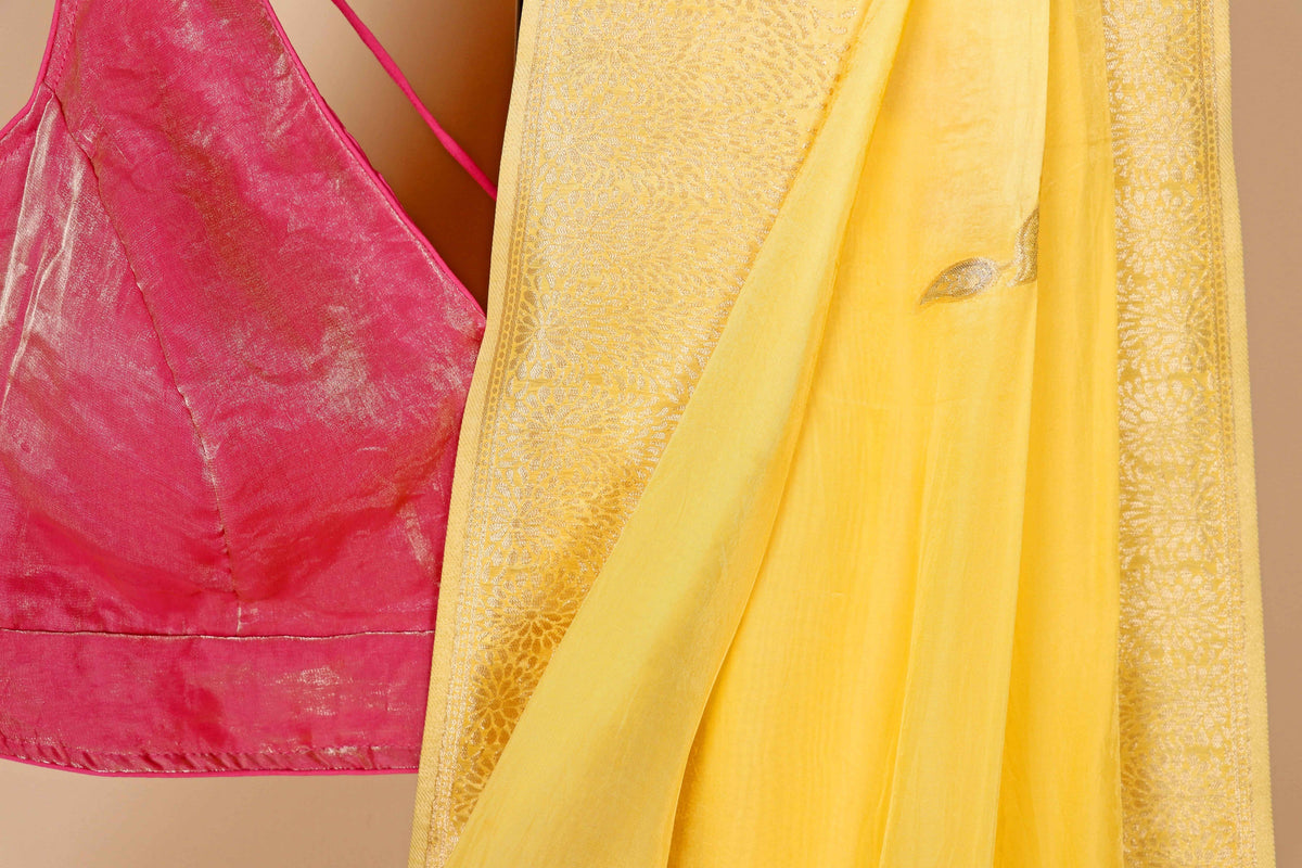 Butter Yellow Satin Silk Saree with Banarasi Woven Multicolour Floral Pallu | 1002