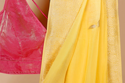 Butter Yellow Satin Silk Saree with Banarasi Woven Multicolour Floral Pallu | 1002
