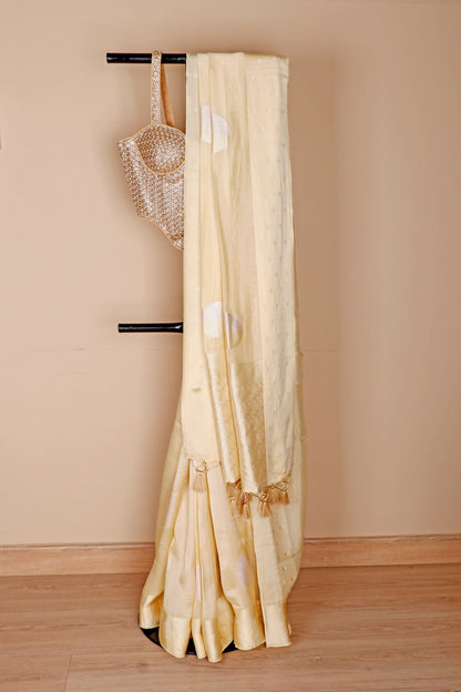 Cream Banarasi Silk Saree with Silver Zari Circle Motifs and Gold Border | 1003