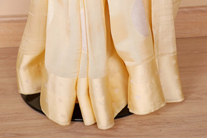 Cream Banarasi Silk Saree with Silver Zari Circle Motifs and Gold Border | 1003