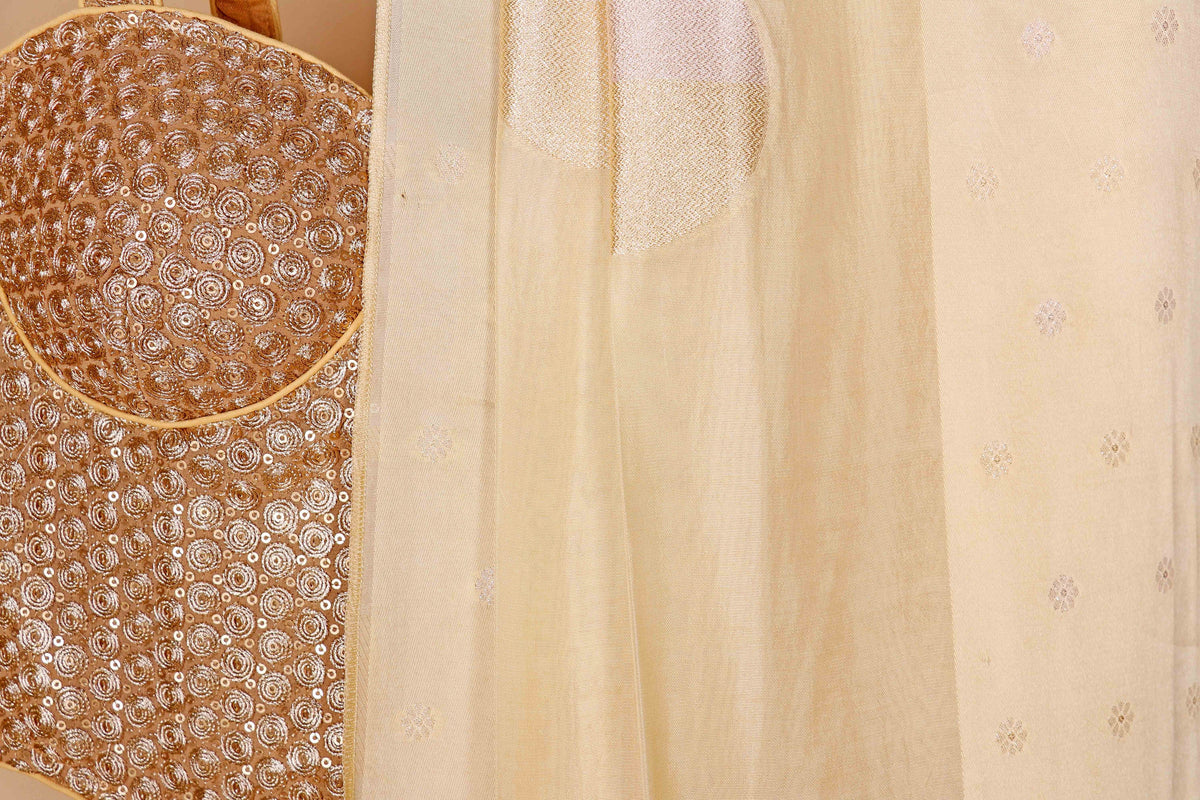 Cream Banarasi Silk Saree with Silver Zari Circle Motifs and Gold Border | 1003