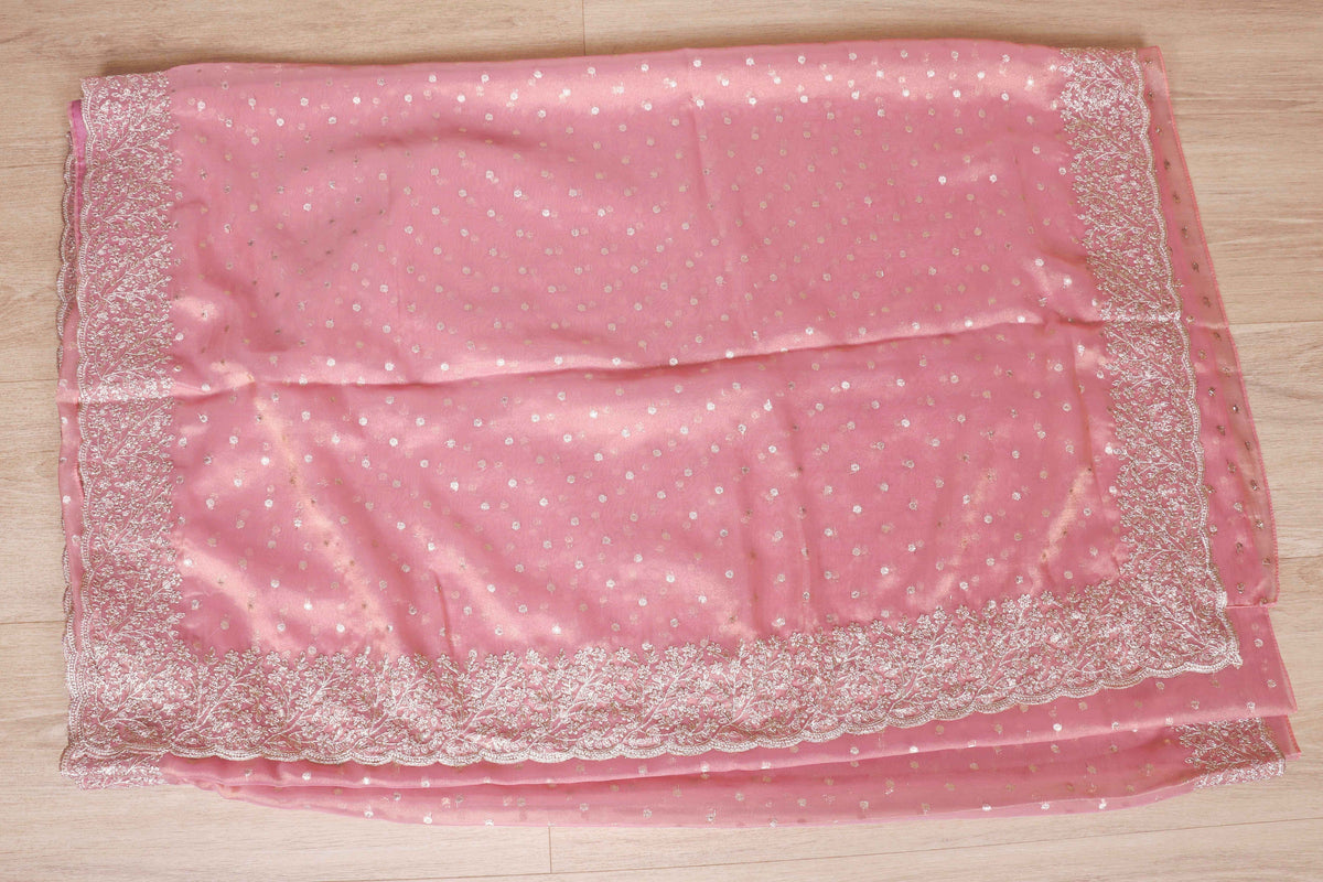 Baby Pink Tissue Saree with Heavy Silver Sequin Embroidery Border | 1004