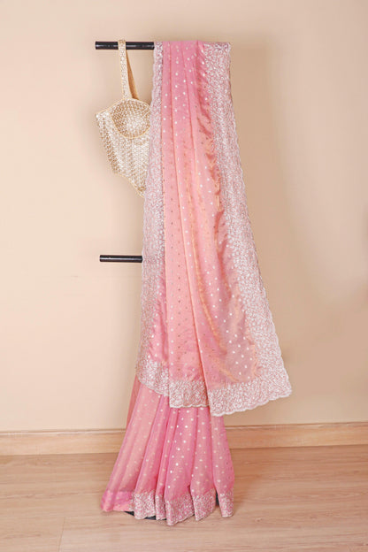 Baby Pink Tissue Saree with Heavy Silver Sequin Embroidery Border | 1004
