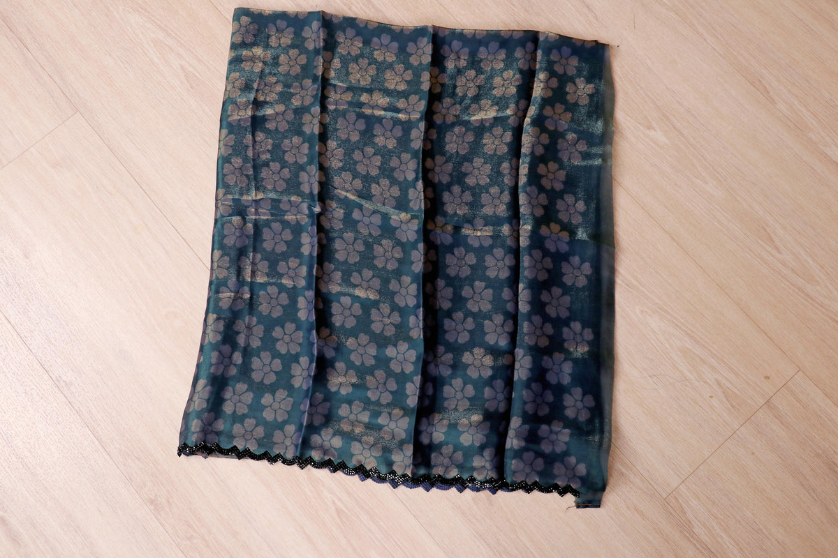Teal to Copper Ombre Satin Silk Saree with Botanical Print and Lace Border | 1005