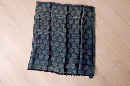 Teal to Copper Ombre Satin Silk Saree with Botanical Print and Lace Border | 1005