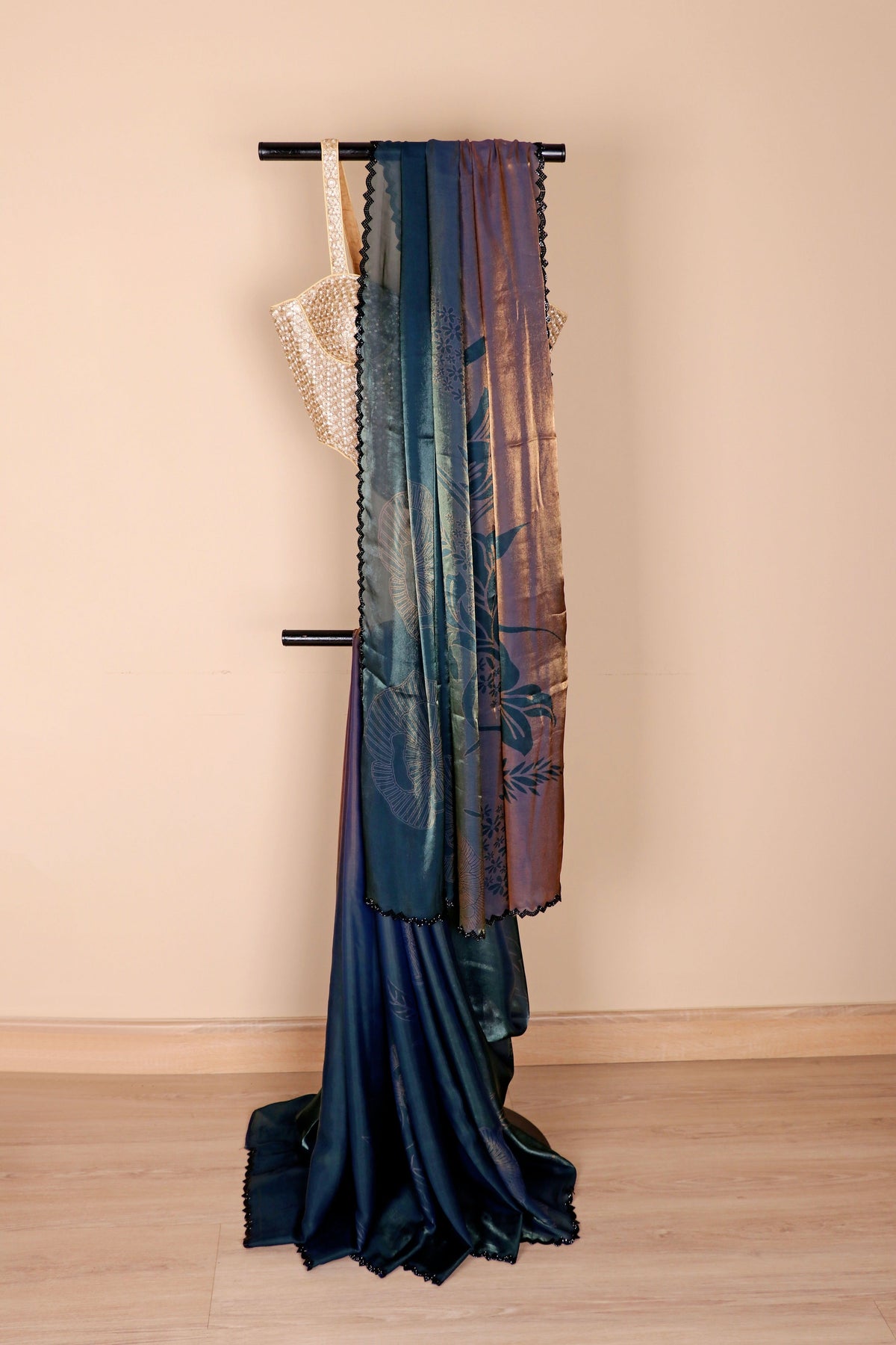 Teal to Copper Ombre Satin Silk Saree with Botanical Print and Lace Border | 1005
