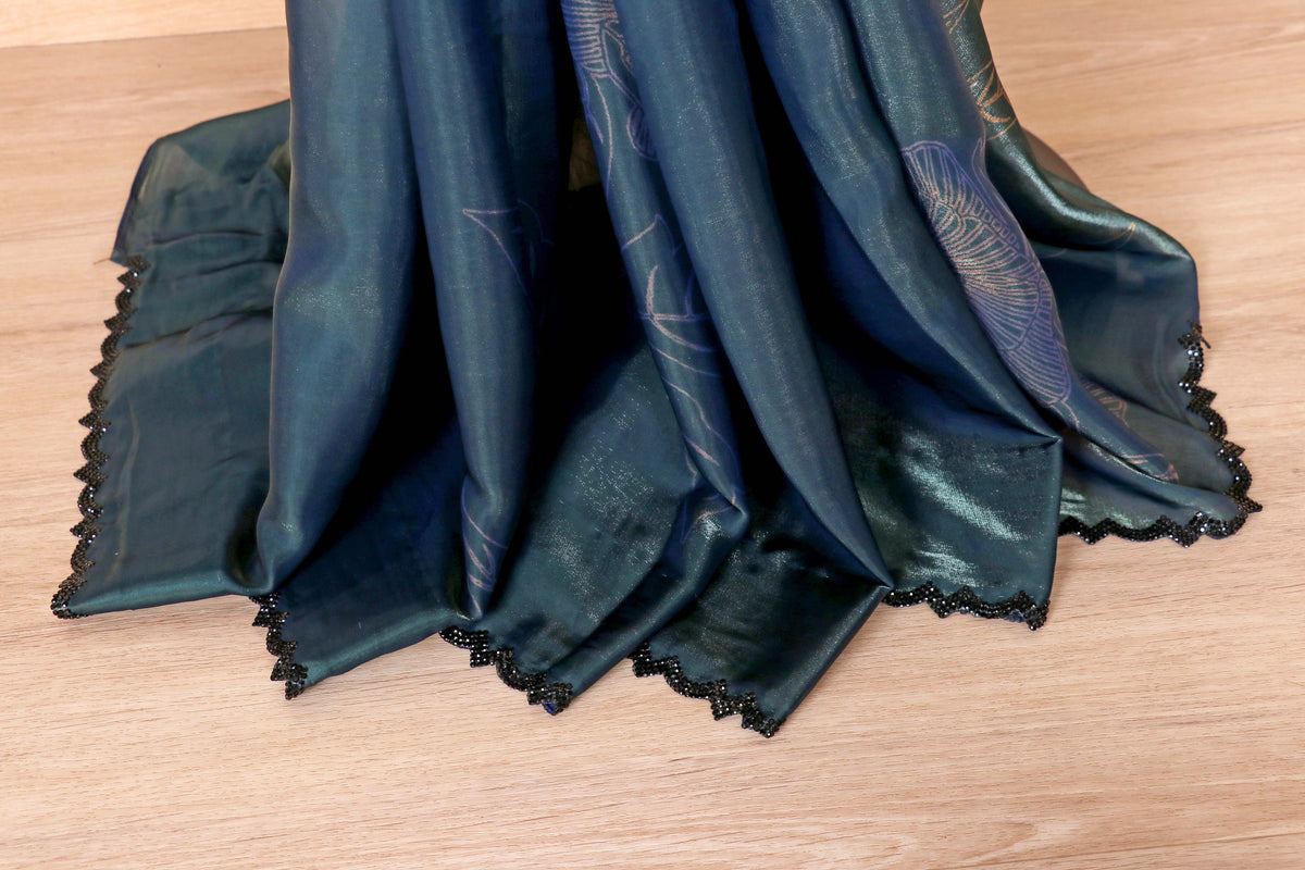 Teal to Copper Ombre Satin Silk Saree with Botanical Print and Lace Border | 1005