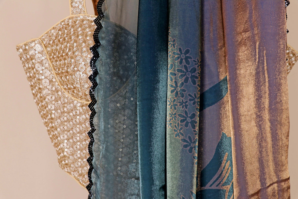 Teal to Copper Ombre Satin Silk Saree with Botanical Print and Lace Border | 1005