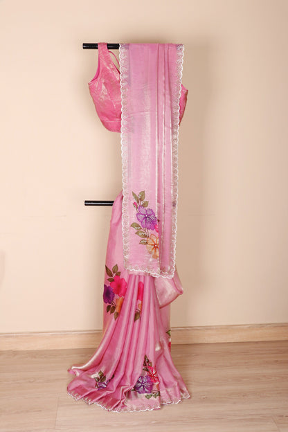 Rose Pink Satin Saree with Hand-Painted Florals and White Pearl Bead Scalloped Border | 1006