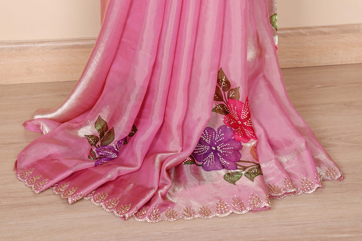 Rose Pink Satin Saree with Hand-Painted Florals and White Pearl Bead Scalloped Border | 1006