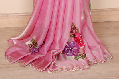 Rose Pink Satin Saree with Hand-Painted Florals and White Pearl Bead Scalloped Border | 1006