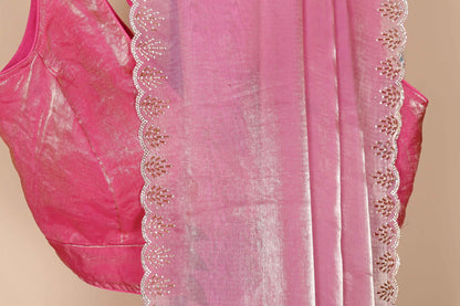 Rose Pink Satin Saree with Hand-Painted Florals and White Pearl Bead Scalloped Border | 1006