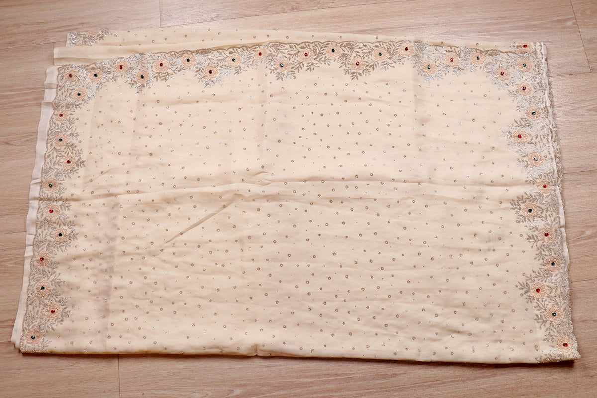 Ivory Satin Saree with Multicolour Stone Butti and White Scalloped Lace Border | 1007