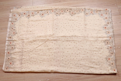 Ivory Satin Saree with Multicolour Stone Butti and White Scalloped Lace Border | 1007
