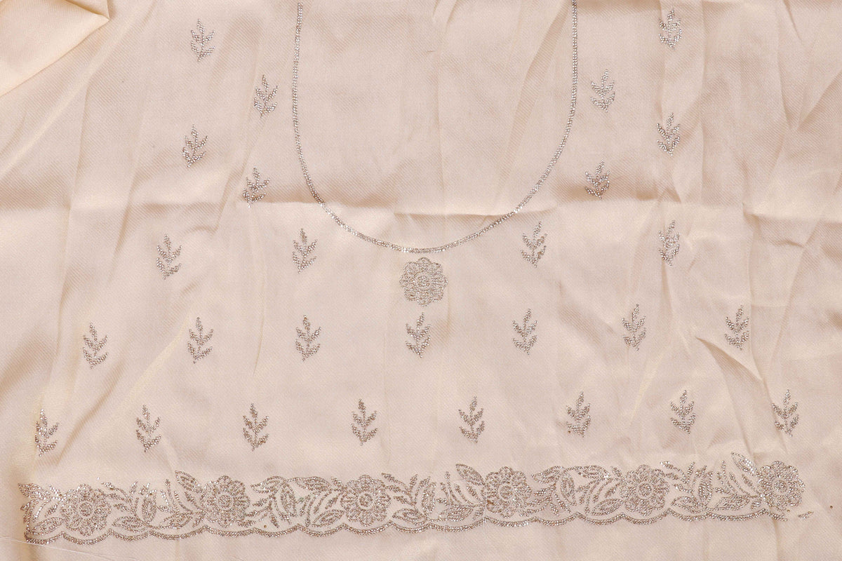 Ivory Satin Saree with Multicolour Stone Butti and White Scalloped Lace Border | 1007