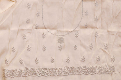 Ivory Satin Saree with Multicolour Stone Butti and White Scalloped Lace Border | 1007