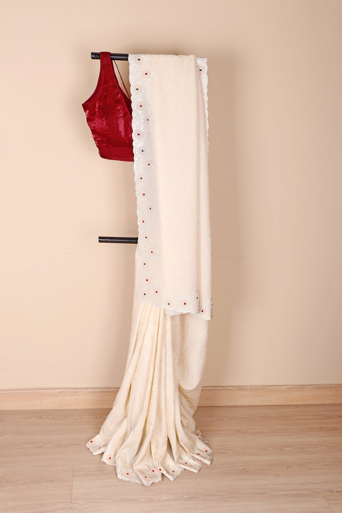 Ivory Satin Saree with Multicolour Stone Butti and White Scalloped Lace Border | 1007