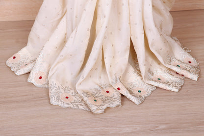 Ivory Satin Saree with Multicolour Stone Butti and White Scalloped Lace Border | 1007