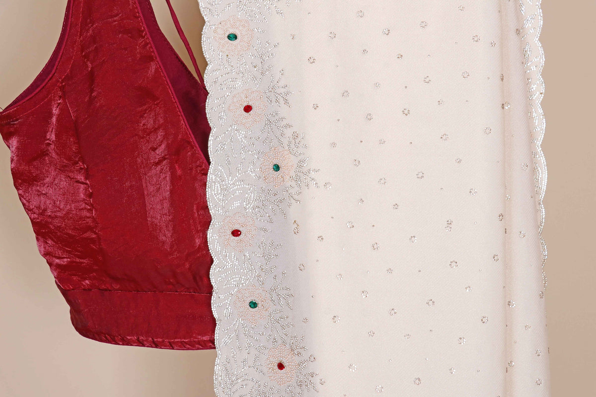 Ivory Satin Saree with Multicolour Stone Butti and White Scalloped Lace Border | 1007