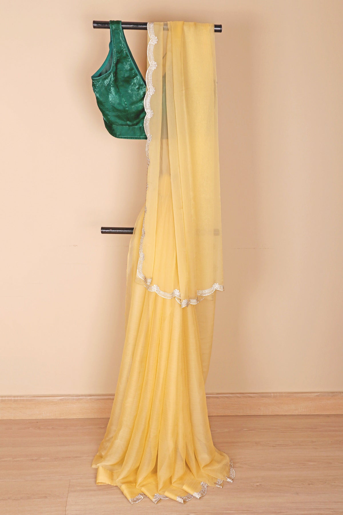 Yellow Georgette Saree with White Scalloped Embroidered Lace Border | 1008