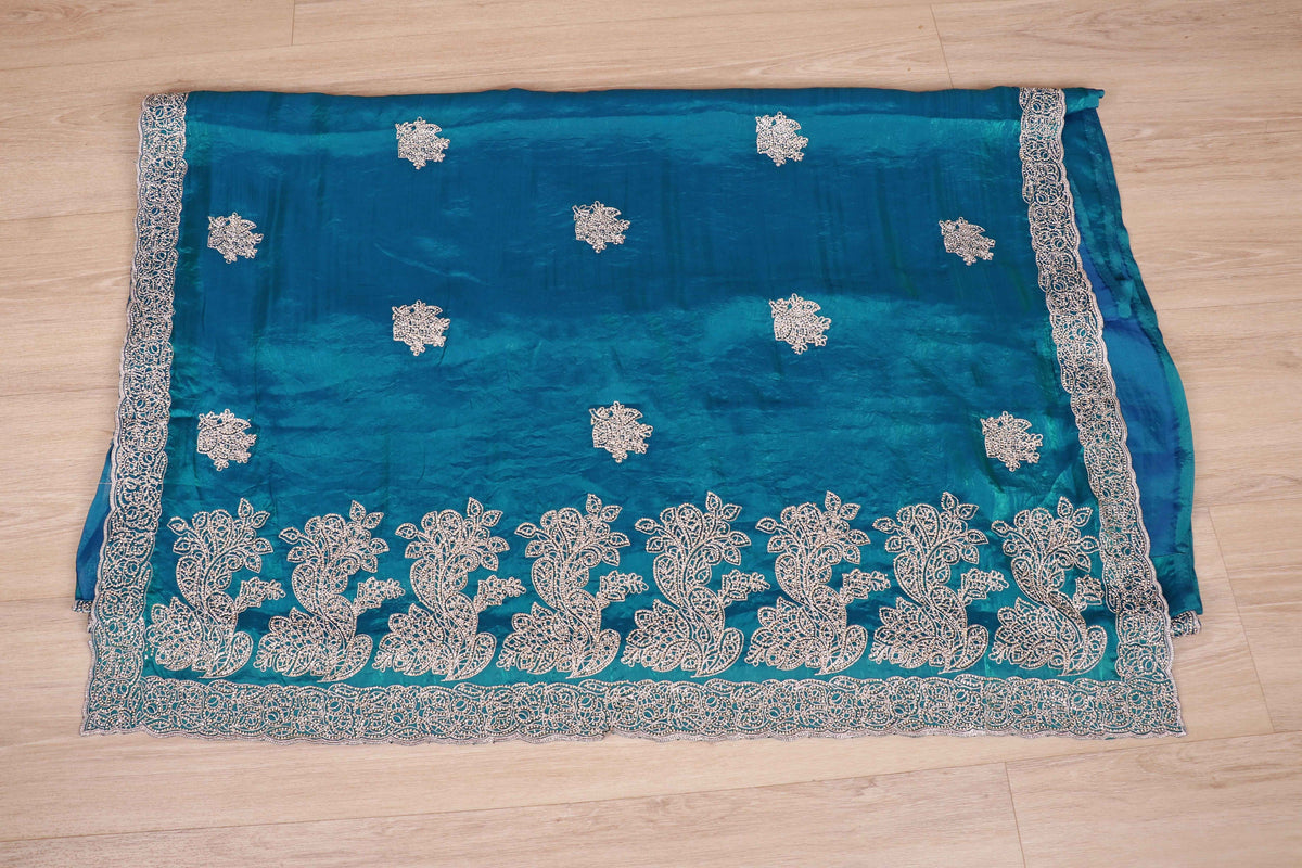 Teal Peacock Blue Fendi Tissue Saree | 1009