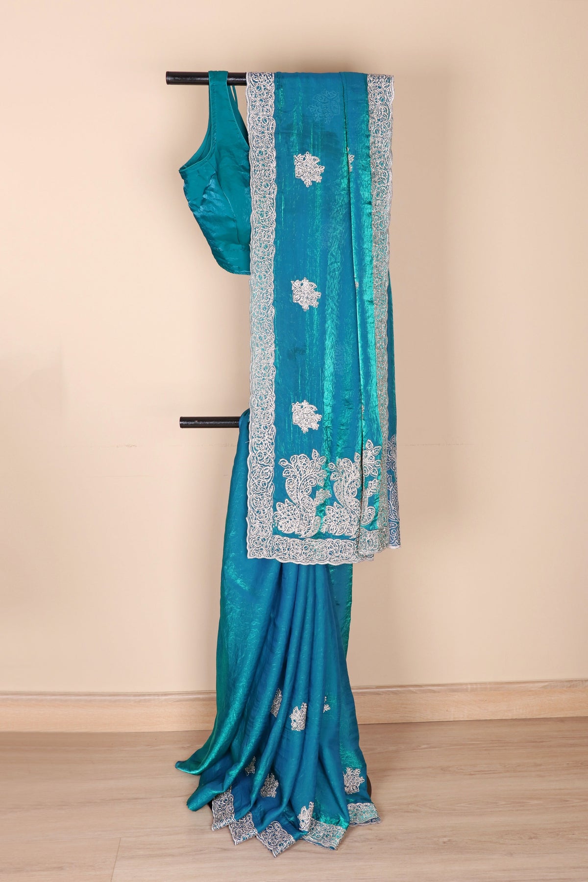 Teal Peacock Blue Fendi Tissue Saree | 1009