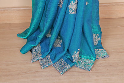 Teal Peacock Blue Fendi Tissue Saree | 1009
