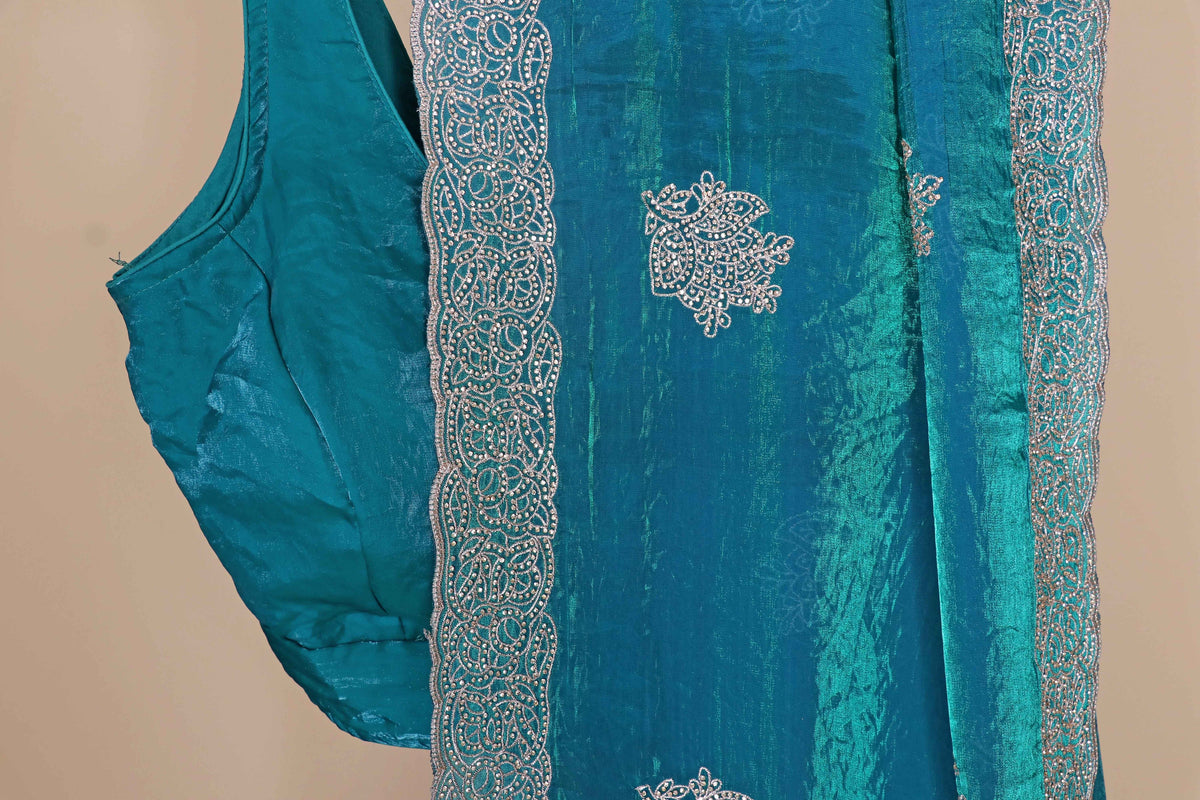 Teal Peacock Blue Fendi Tissue Saree | 1009