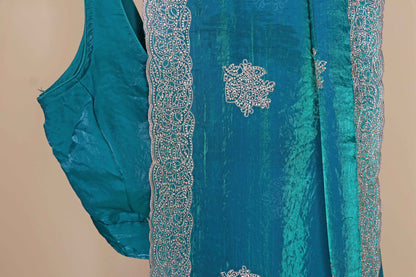 Teal Peacock Blue Fendi Tissue Saree | 1009