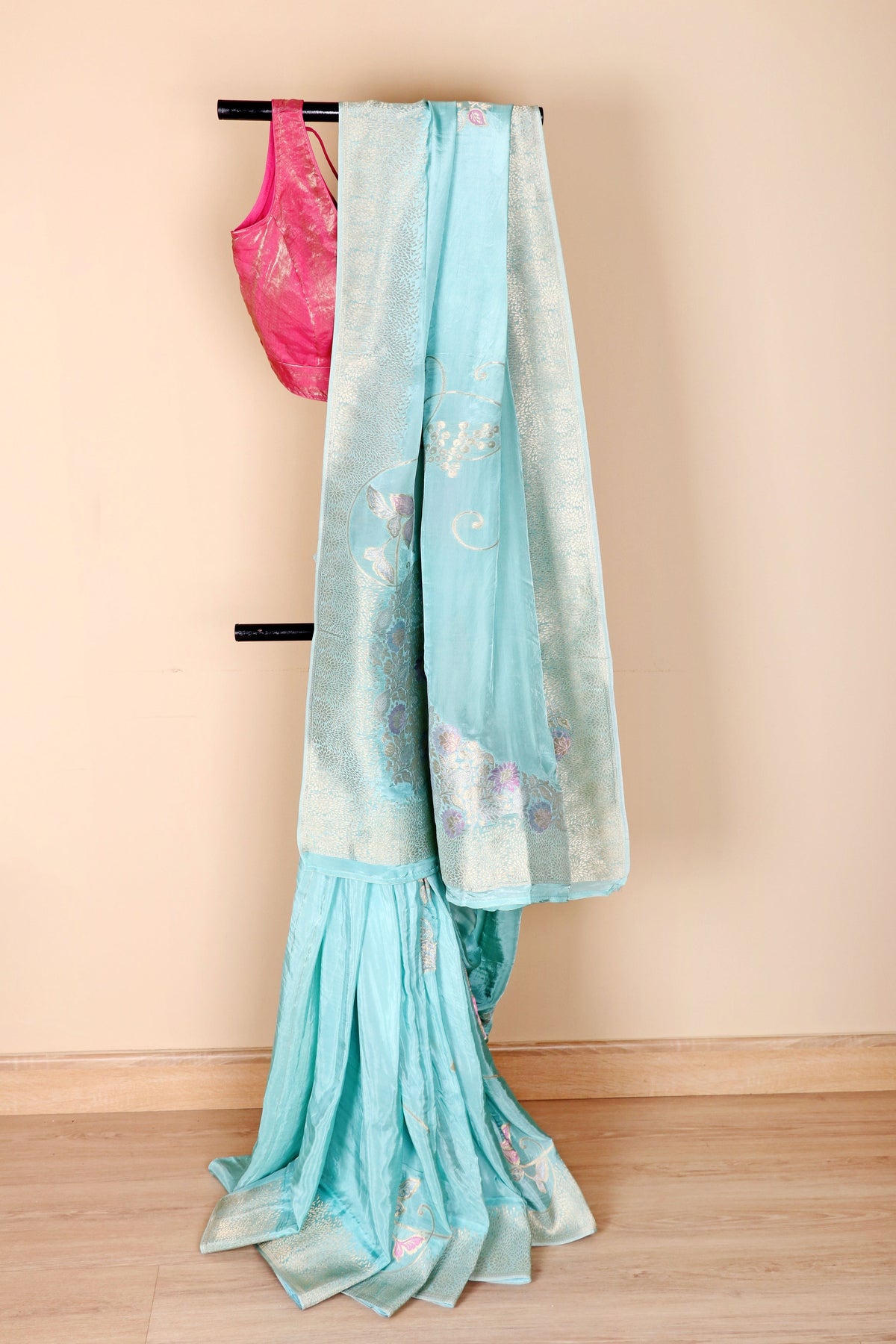 Sky Blue Banarasi Silk Saree with Silver Zari Kinkhab Weave and Meenakari Floral Pallu | 1011
