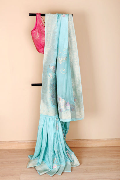 Sky Blue Banarasi Silk Saree with Silver Zari Kinkhab Weave and Meenakari Floral Pallu | 1011