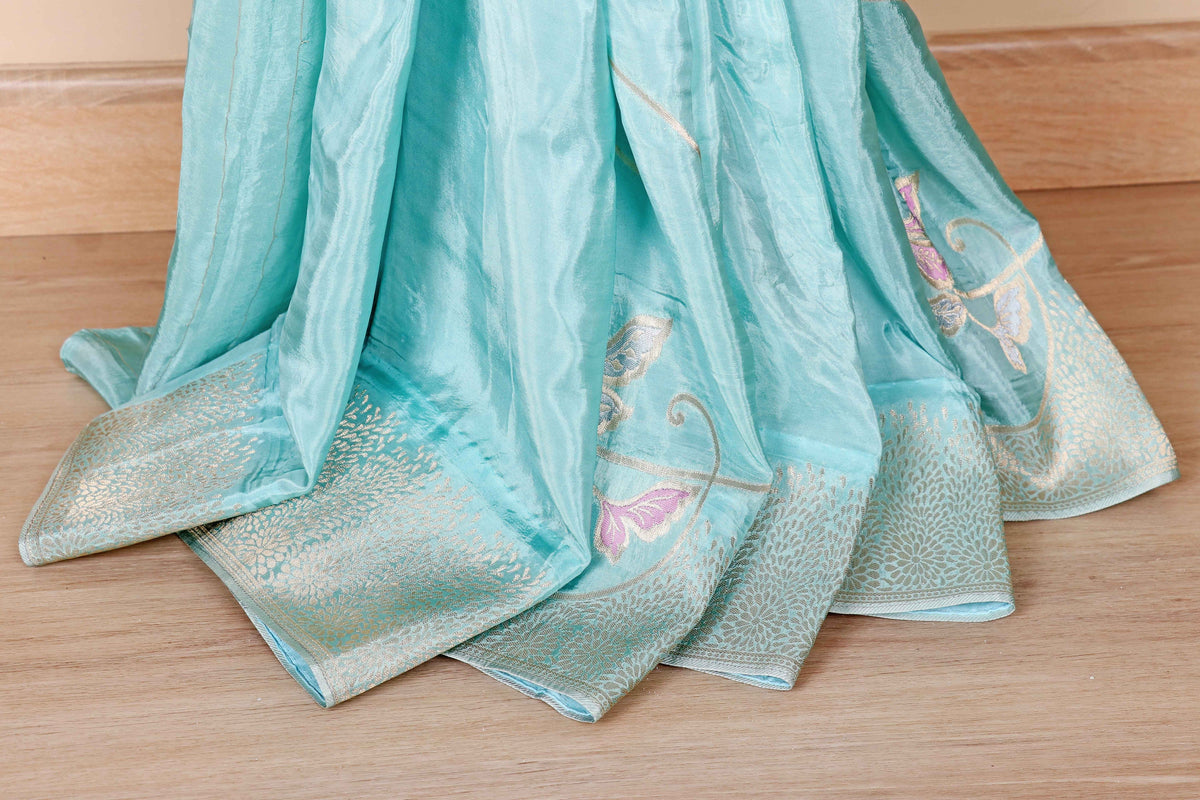 Sky Blue Banarasi Silk Saree with Silver Zari Kinkhab Weave and Meenakari Floral Pallu | 1011
