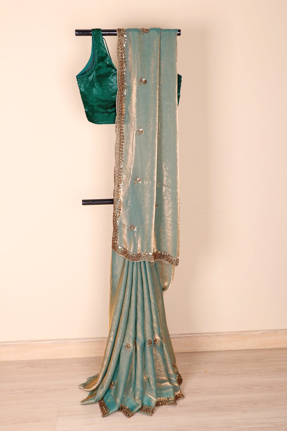 Sage Green Tissue Silk Saree with Gold Zari Shimmer and Mirror Work Border | 1013