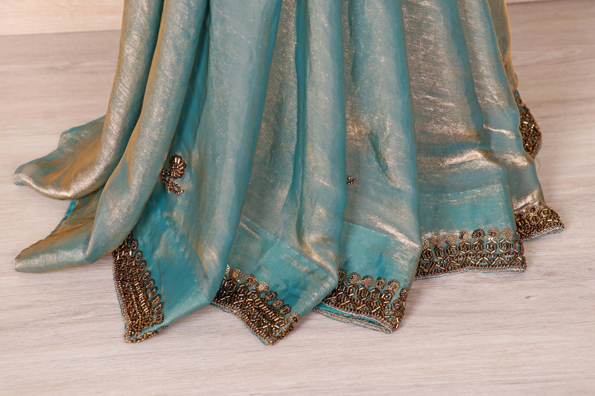 Sage Green Tissue Silk Saree with Gold Zari Shimmer and Mirror Work Border | 1013