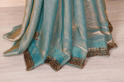 Sage Green Tissue Silk Saree with Gold Zari Shimmer and Mirror Work Border | 1013
