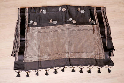 Black Soft Silk Saree with Gold Silver Zari Floral Butti and Banarasi Border | 1015