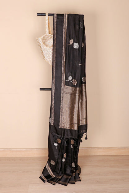 Black Soft Silk Saree with Gold Silver Zari Floral Butti and Banarasi Border | 1015
