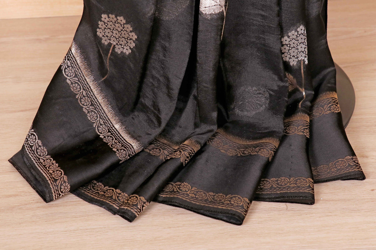 Black Soft Silk Saree with Gold Silver Zari Floral Butti and Banarasi Border | 1015