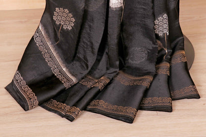 Black Soft Silk Saree with Gold Silver Zari Floral Butti and Banarasi Border | 1015