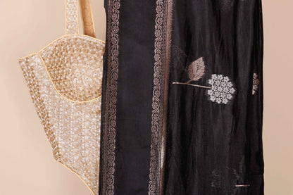 Black Soft Silk Saree with Gold Silver Zari Floral Butti and Banarasi Border | 1015
