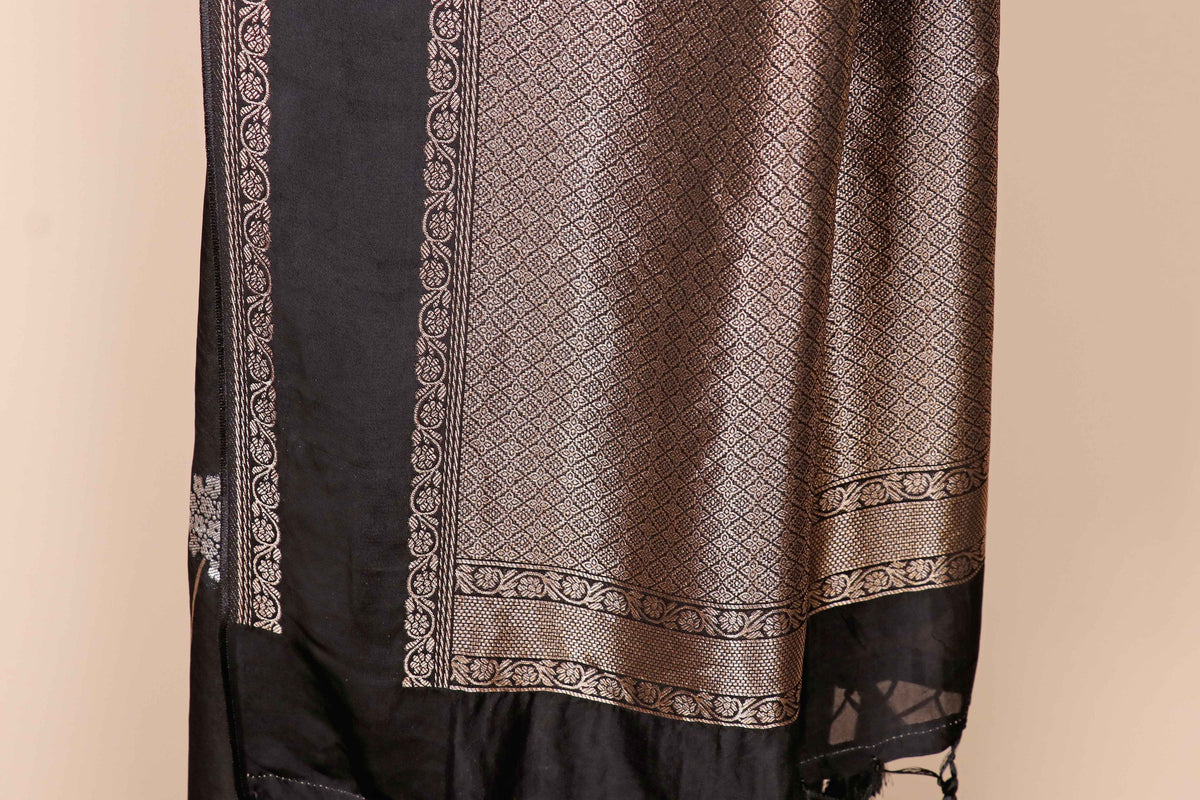 Black Soft Silk Saree with Gold Silver Zari Floral Butti and Banarasi Border | 1015