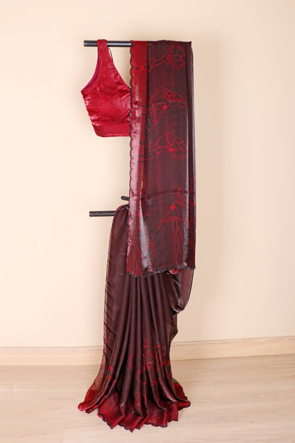 Maroon Satin Saree with Red Line Art Tribal Figures and Black Sequin Border | 1016