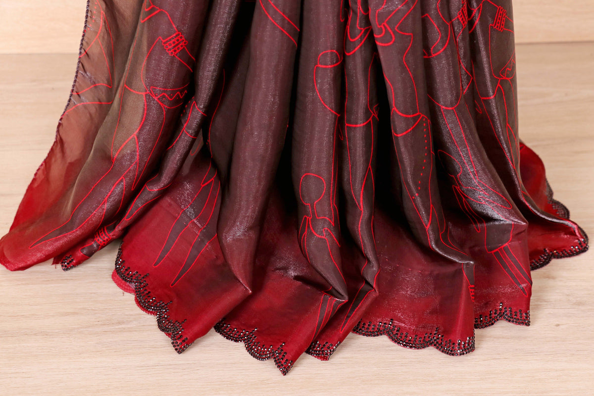 Maroon Satin Saree with Red Line Art Tribal Figures and Black Sequin Border | 1016
