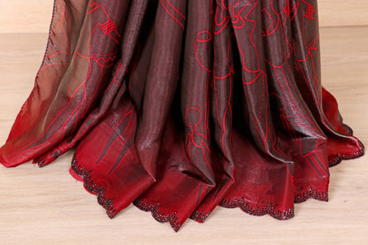 Maroon Satin Saree with Red Line Art Tribal Figures and Black Sequin Border | 1016