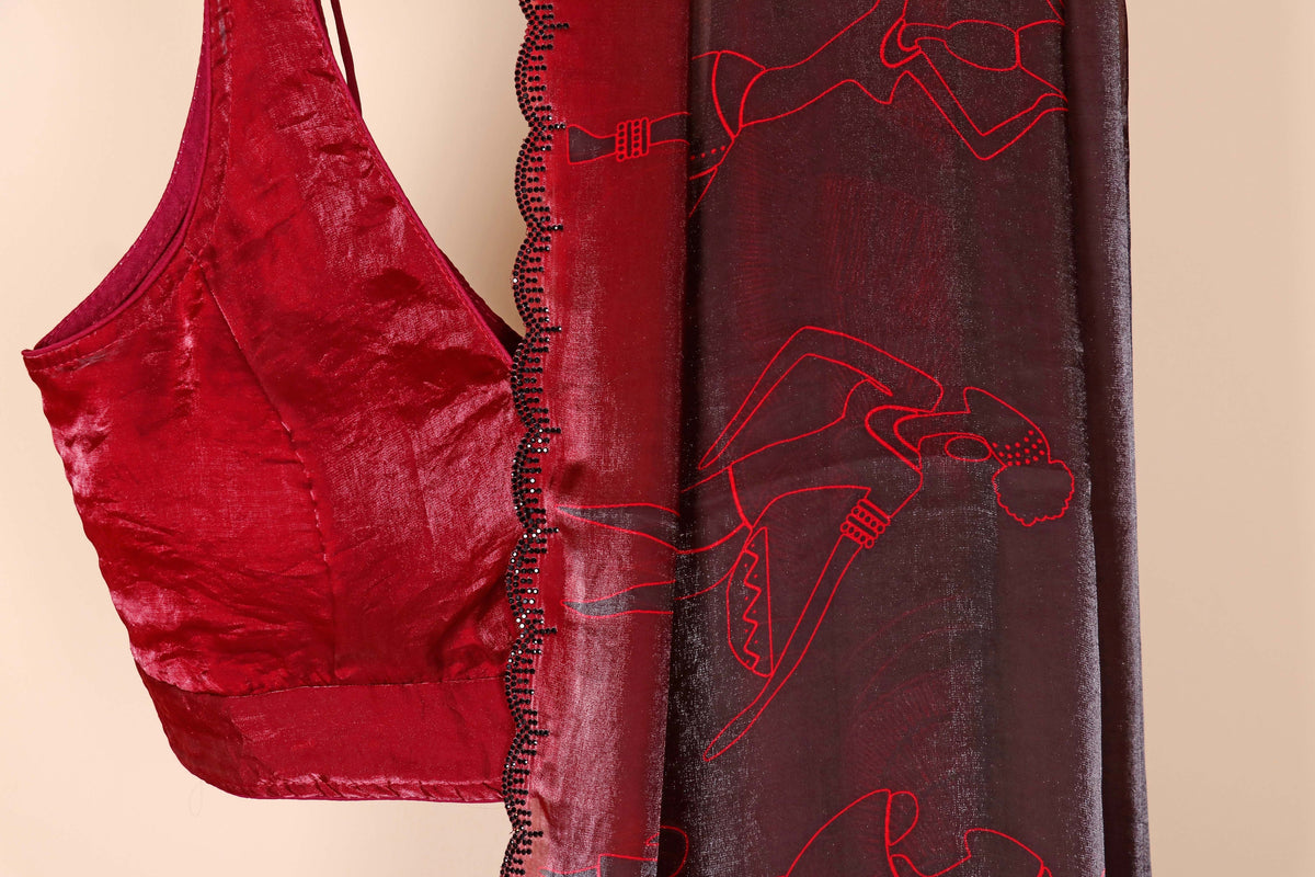 Maroon Satin Saree with Red Line Art Tribal Figures and Black Sequin Border | 1016